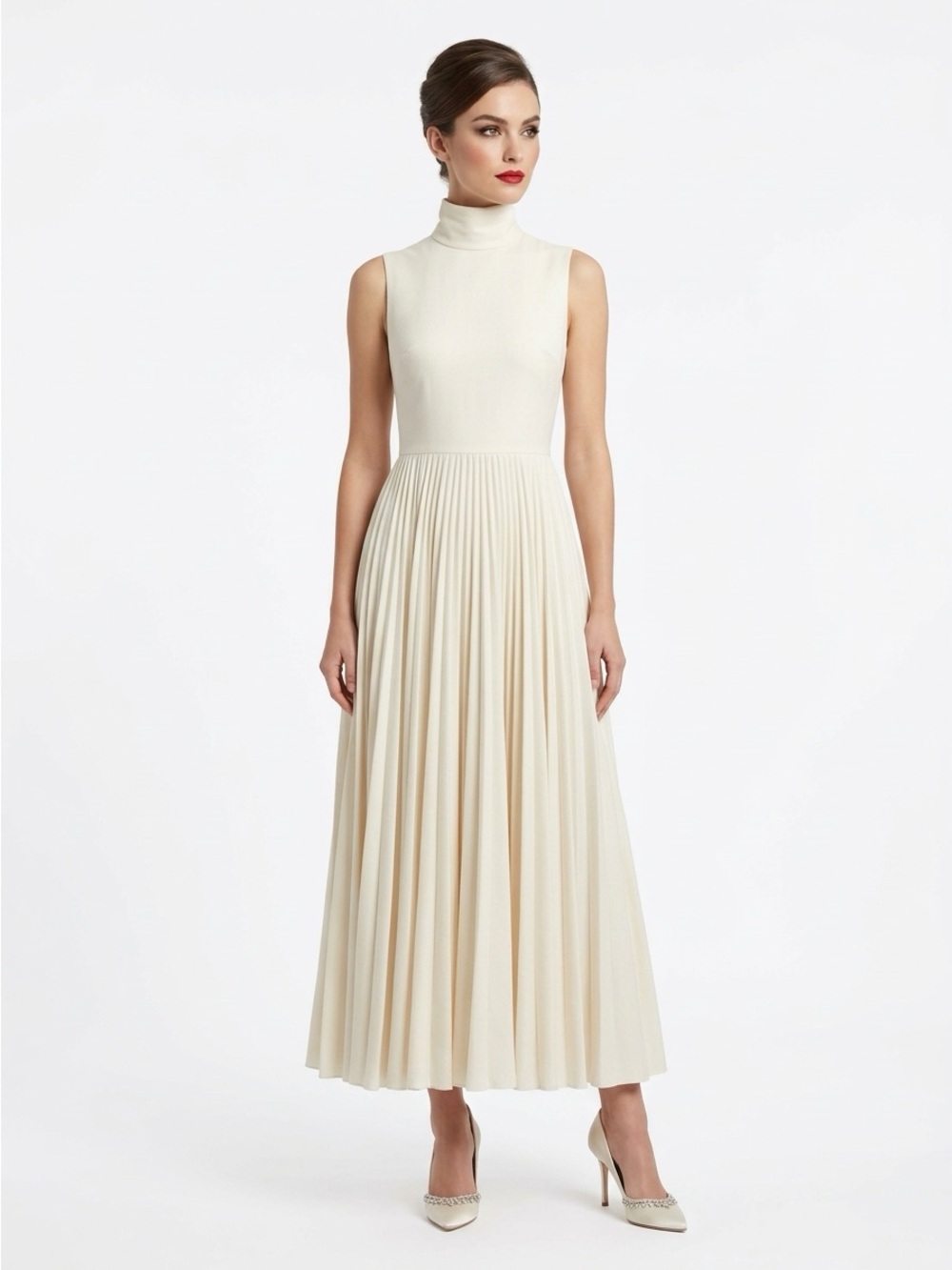 Mollie Parnis Neusteters Pleated Mock Neck Maxi Dress Cream Size 4 - Picture 1 of 16